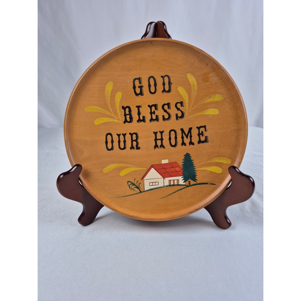 Vintage God Bless Our Home Wood Wall Plaque 8.5" Folk Art Country Cottage Decor